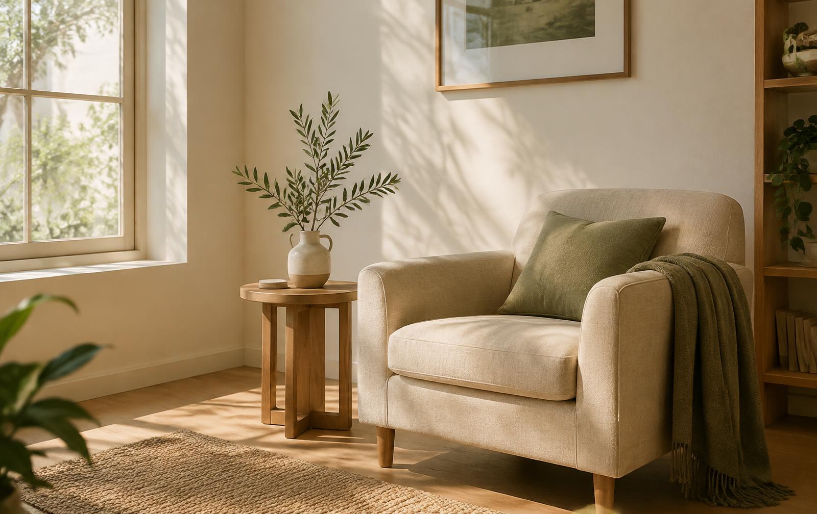 A quiet, sunlit room with an armchair and olive branch